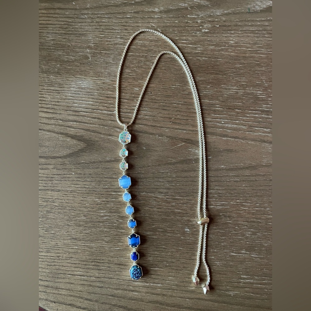 KS Color Bar Necklace Darrell Y Gold Blue Stones Iridescent Drusy